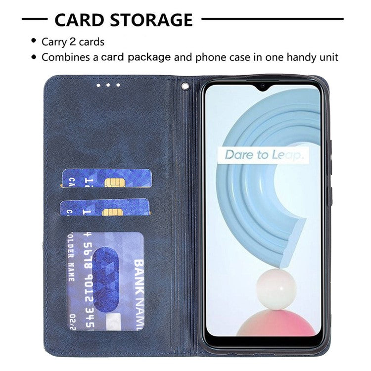 For Realme C21 / C20 Rhombus-Like Imprinting Leather Stand Case Card Holder Shell [with Fingerprint Hole] - Blue