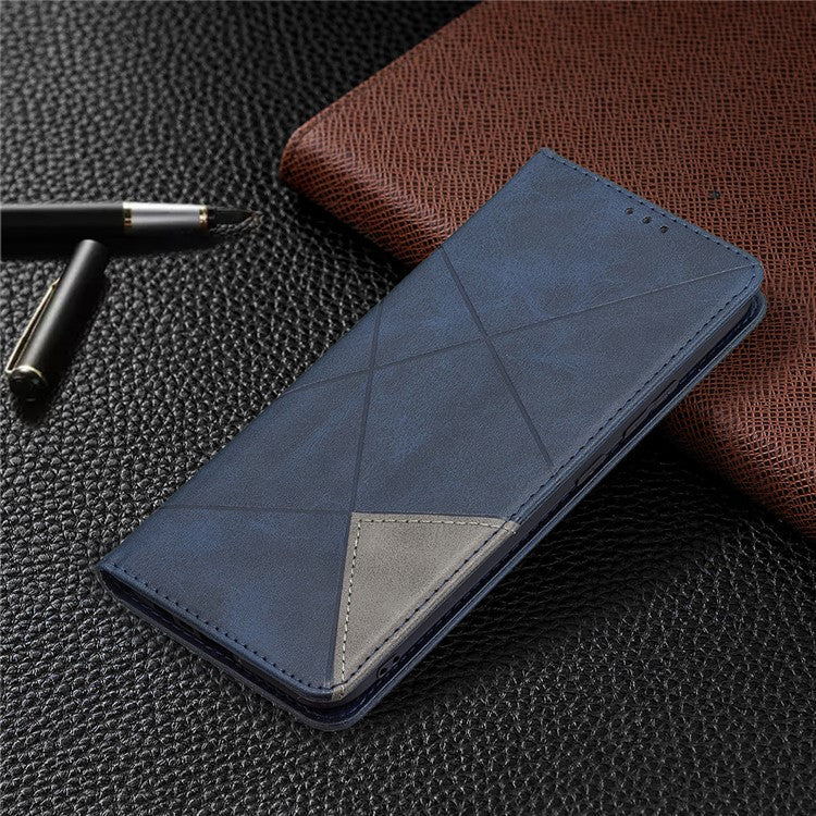 For Realme C21 / C20 Rhombus-Like Imprinting Leather Stand Case Card Holder Shell [with Fingerprint Hole] - Blue