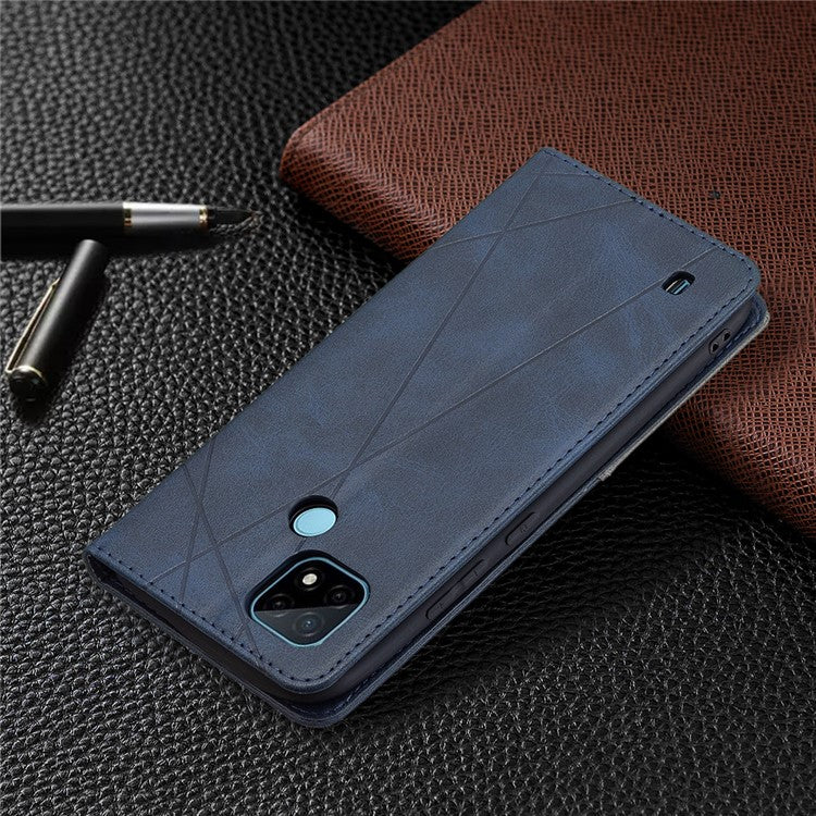 For Realme C21 / C20 Rhombus-Like Imprinting Leather Stand Case Card Holder Shell [with Fingerprint Hole] - Blue