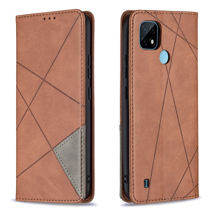 For Realme C21 / C20 Rhombus-Like Imprinting Leather Stand Case Card Holder Shell [with Fingerprint Hole] - Brown