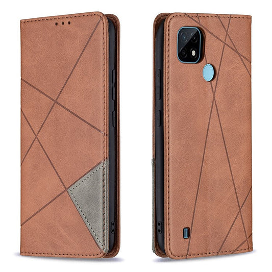 For Realme C21 / C20 Rhombus-Like Imprinting Leather Stand Case Card Holder Shell [with Fingerprint Hole] - Brown