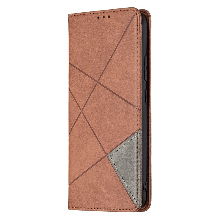 For Realme C21 / C20 Rhombus-Like Imprinting Leather Stand Case Card Holder Shell [with Fingerprint Hole] - Brown