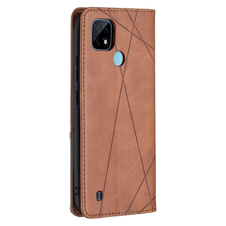 For Realme C21 / C20 Rhombus-Like Imprinting Leather Stand Case Card Holder Shell [with Fingerprint Hole] - Brown