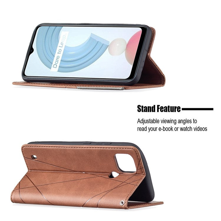 For Realme C21 / C20 Rhombus-Like Imprinting Leather Stand Case Card Holder Shell [with Fingerprint Hole] - Brown