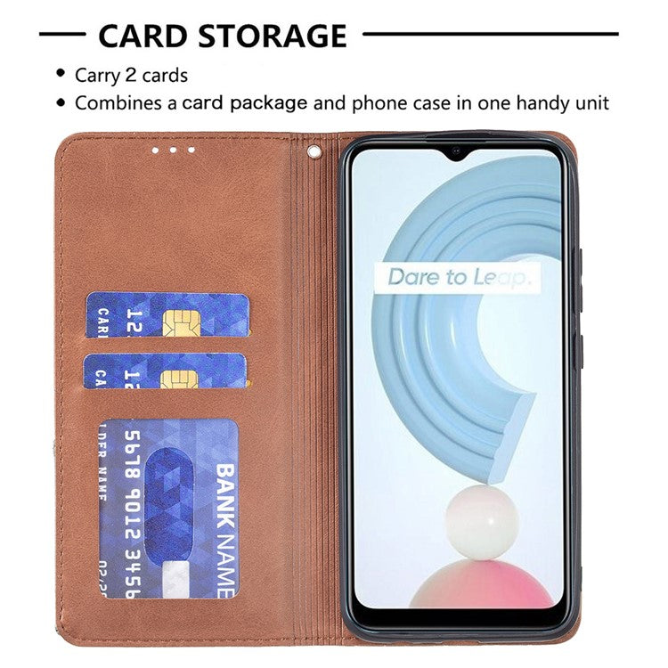 For Realme C21 / C20 Rhombus-Like Imprinting Leather Stand Case Card Holder Shell [with Fingerprint Hole] - Brown