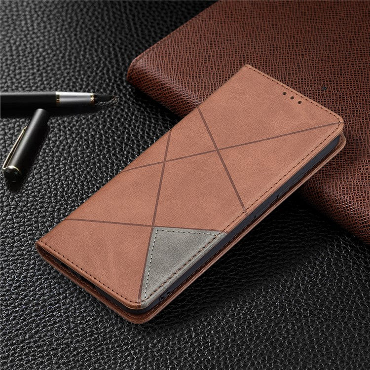 For Realme C21 / C20 Rhombus-Like Imprinting Leather Stand Case Card Holder Shell [with Fingerprint Hole] - Brown