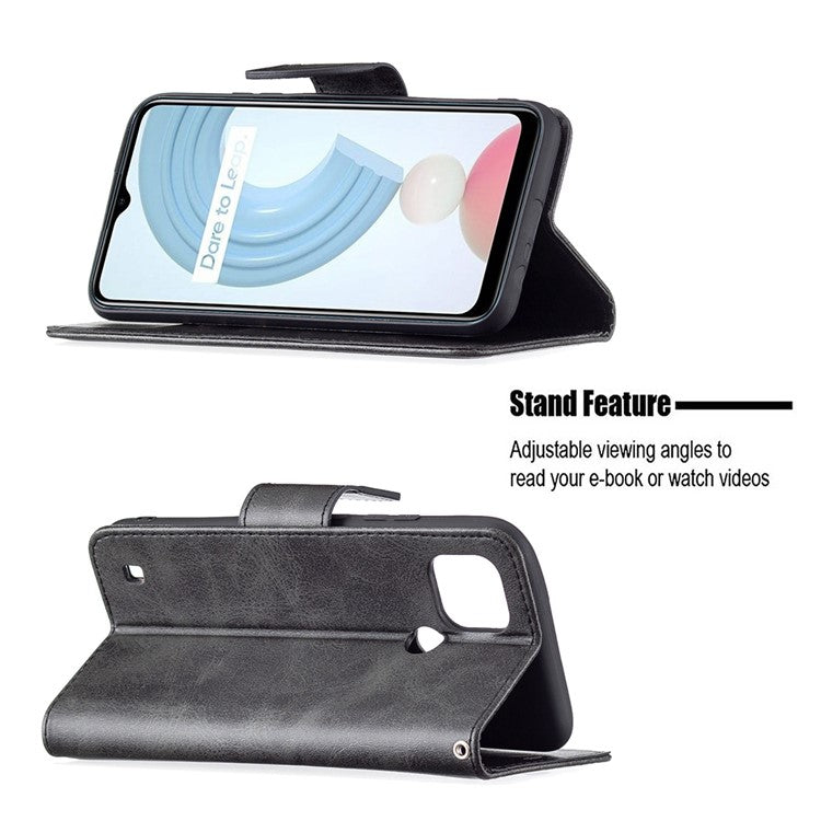 Magnetic Clasp Closure Stylish PU Leather Smartphone Wallet Stand Case [with Fingerprint Hole] for Realme C21/C20 - Black