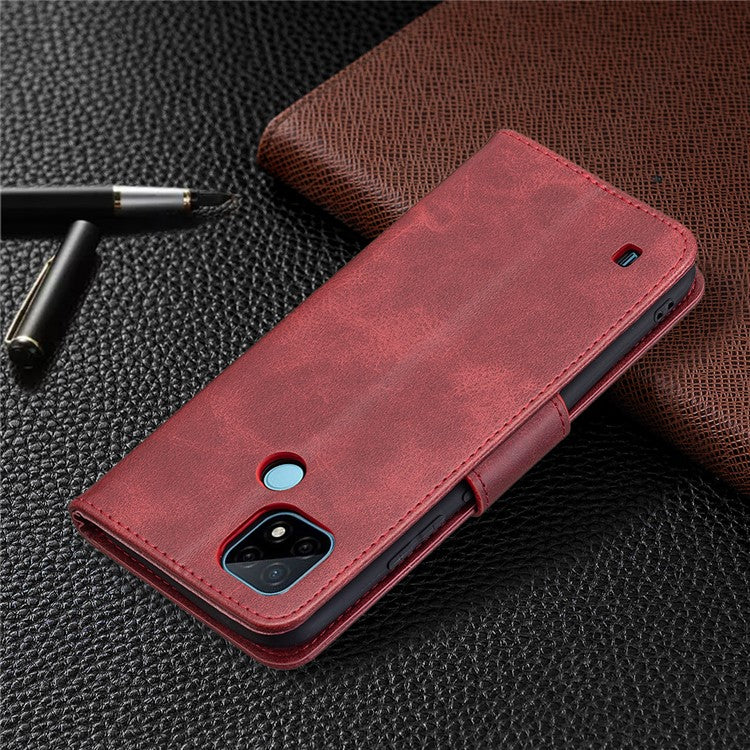 Magnetic Clasp Closure Stylish PU Leather Smartphone Wallet Stand Case [with Fingerprint Hole] for Realme C21/C20 - Red