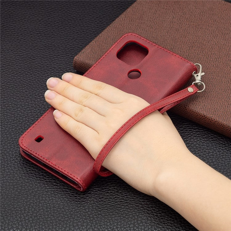 Magnetic Clasp Closure Stylish PU Leather Smartphone Wallet Stand Case [with Fingerprint Hole] for Realme C21/C20 - Red