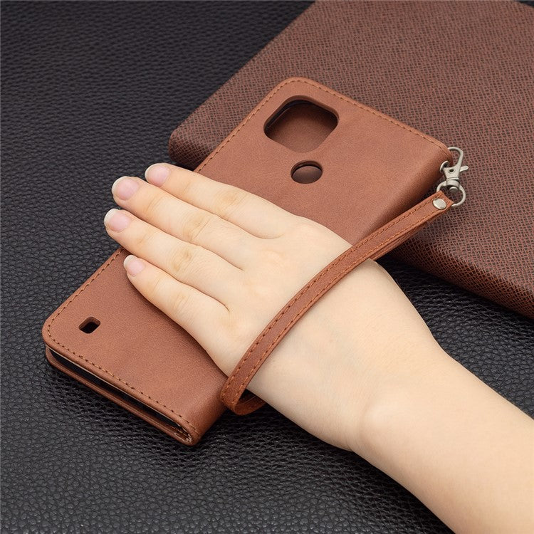 Magnetic Clasp Closure Stylish PU Leather Smartphone Wallet Stand Case [with Fingerprint Hole] for Realme C21/C20 - Brown