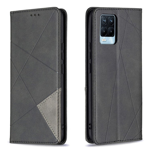 For Realme 8 / 8 Pro Rhombus-Like Imprinting Drop-Proof Leather Stand Case Card Holder Shell - Black