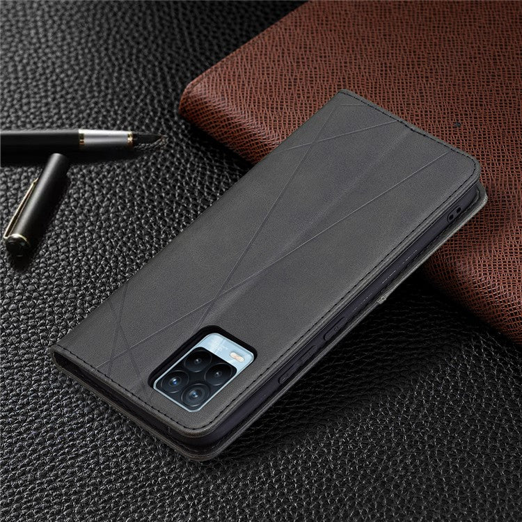 For Realme 8 / 8 Pro Rhombus-Like Imprinting Drop-Proof Leather Stand Case Card Holder Shell - Black
