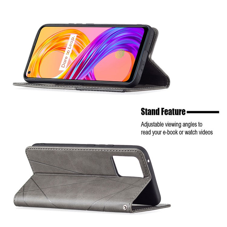 For Realme 8 / 8 Pro Rhombus-Like Imprinting Drop-Proof Leather Stand Case Card Holder Shell - Grey