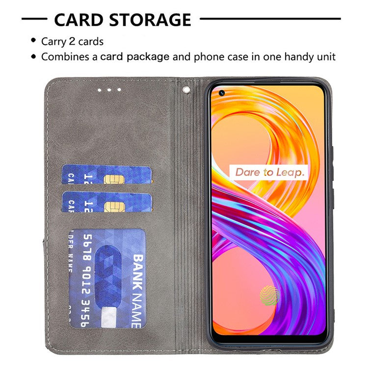 For Realme 8 / 8 Pro Rhombus-Like Imprinting Drop-Proof Leather Stand Case Card Holder Shell - Grey