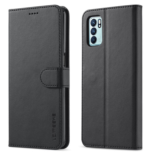 LC.IMEEKE Leather Phone Cover Wallet Stand Case for Oppo Reno6 5G - Black