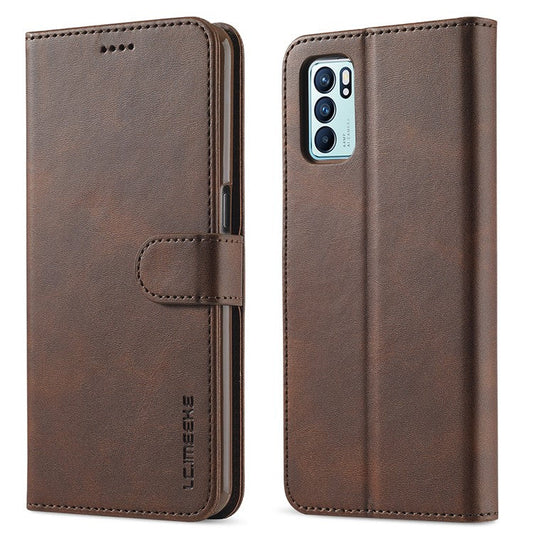 LC.IMEEKE Leather Phone Cover Wallet Stand Case for Oppo Reno6 5G - Brown