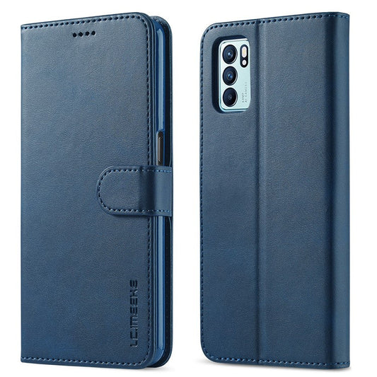 LC.IMEEKE Leather Phone Cover Wallet Stand Case for Oppo Reno6 5G - Blue