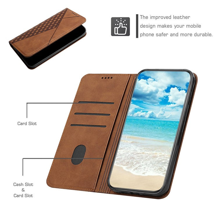 Rhombus Pattern Skin-touch Feeling Auto-absorbed PU Leather Stand Case Cover for Oppo Reno5 5G/ Reno5 4G/Reno5 K/Find X3 Lite - Brown