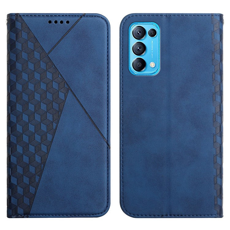 Rhombus Pattern Skin-touch Feeling Auto-absorbed PU Leather Stand Case Cover for Oppo Reno5 5G/ Reno5 4G/Reno5 K/Find X3 Lite - Blue