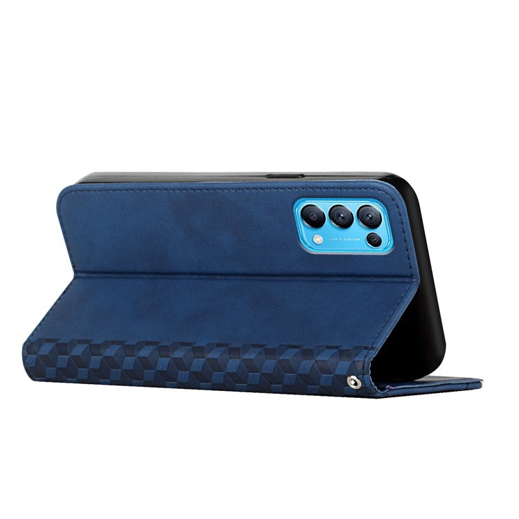 Rhombus Pattern Skin-touch Feeling Auto-absorbed PU Leather Stand Case Cover for Oppo Reno5 5G/ Reno5 4G/Reno5 K/Find X3 Lite - Blue