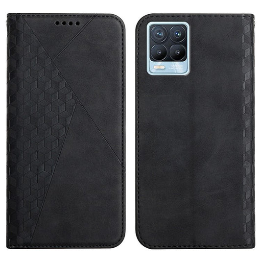 Rhombus Pattern Splicing Magnetic Auto-absorbed Wallet Stand Leather Phone Cover Case for Realme 8/8 Pro - Black