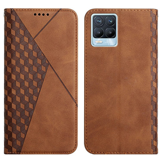 Rhombus Pattern Splicing Magnetic Auto-absorbed Wallet Stand Leather Phone Cover Case for Realme 8/8 Pro - Brown