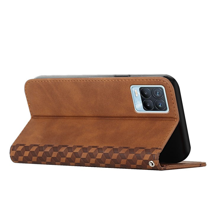 Rhombus Pattern Splicing Magnetic Auto-absorbed Wallet Stand Leather Phone Cover Case for Realme 8/8 Pro - Brown