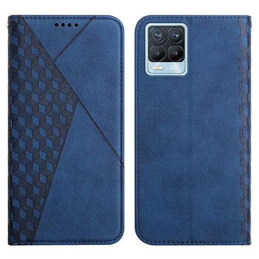 Rhombus Pattern Splicing Magnetic Auto-absorbed Wallet Stand Leather Phone Cover Case for Realme 8/8 Pro - Blue