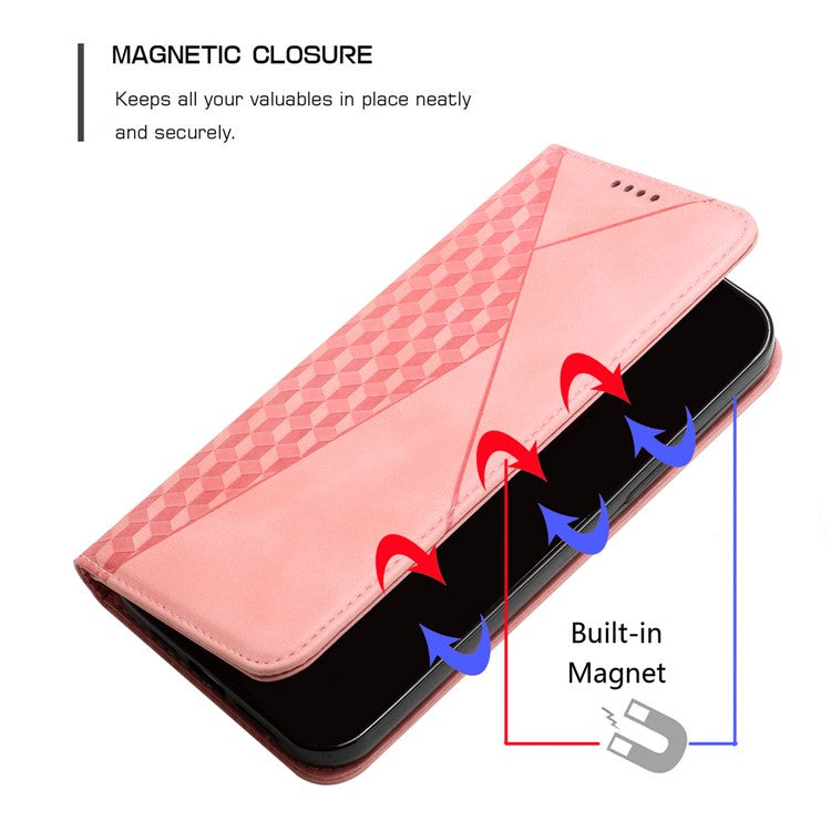 Skin-touch Feel Fall Prevention Geometric Pattern Auto-absorbed Leather Case with Stand Wallet for Oppo A54 5G/A74 5G/A93 5G - Rose Gold