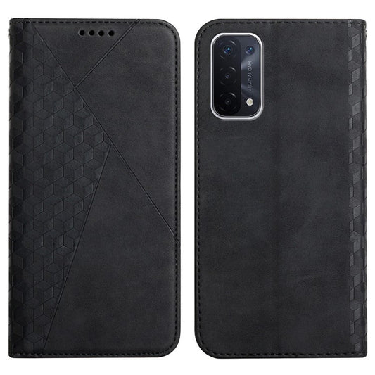 Skin-touch Feel Fall Prevention Geometric Pattern Auto-absorbed Leather Case with Stand Wallet for Oppo A54 5G/A74 5G/A93 5G - Black