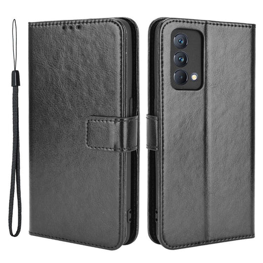 Crazy Horse Texture Wallet Stand PU Leather Case Shell with Strap for Realme GT Master - Black