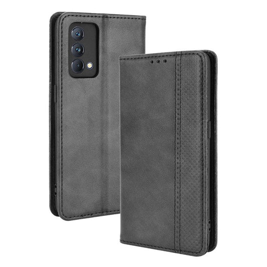 Vintage Style Auto-absorbed Folio Flip Leather Phone Case Shell with Wallet Stand for Realme GT Master - Black