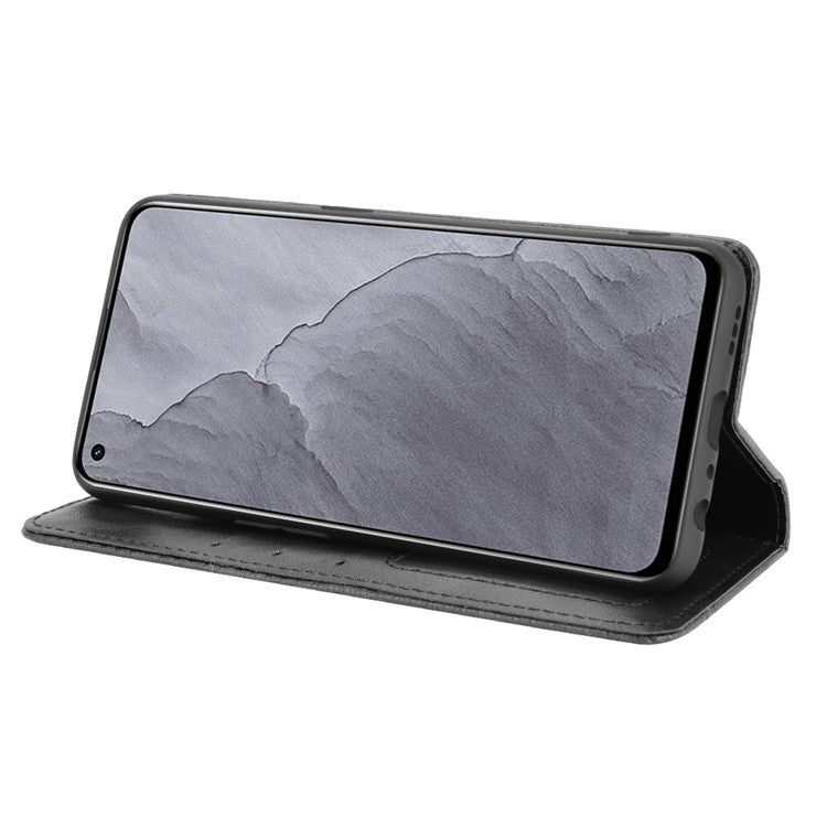 Vintage Style Auto-absorbed Folio Flip Leather Phone Case Shell with Wallet Stand for Realme GT Master - Black