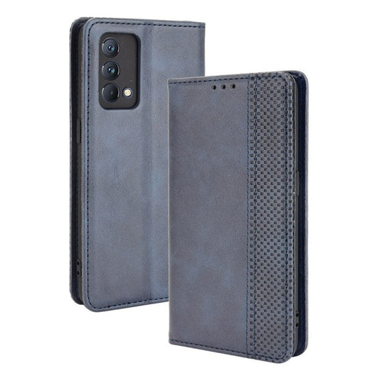 Vintage Style Auto-absorbed Folio Flip Leather Phone Case Shell with Wallet Stand for Realme GT Master - Blue