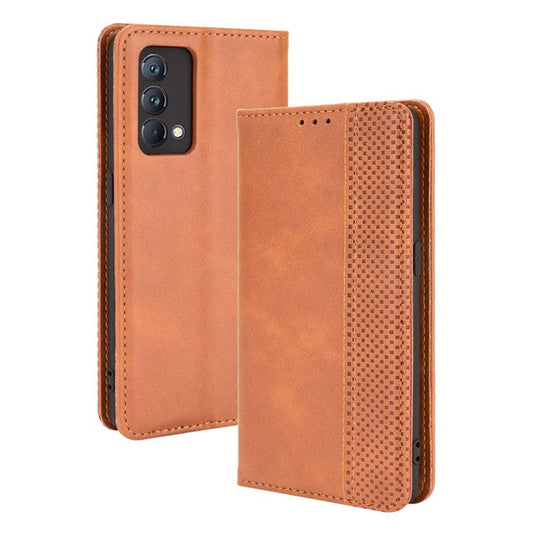 Vintage Style Auto-absorbed Folio Flip Leather Phone Case Shell with Wallet Stand for Realme GT Master - Brown