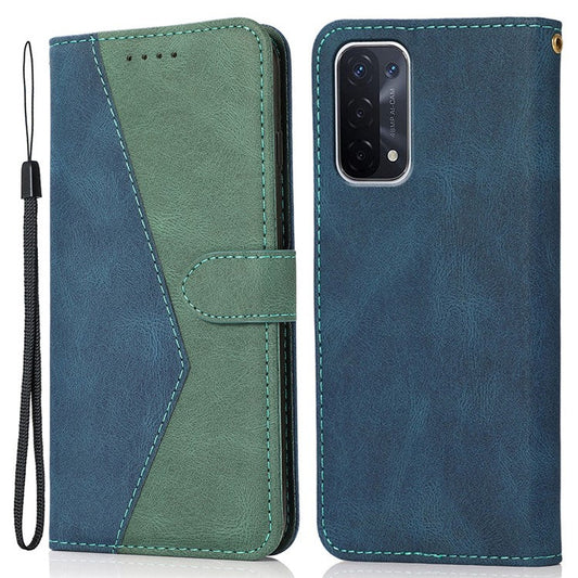 Double Color Premium PU Leather Wallet Stand Magnetic Flip Cover with Strap for Oppo A54 5G / A74 5G / A93 5G - Blue/Green