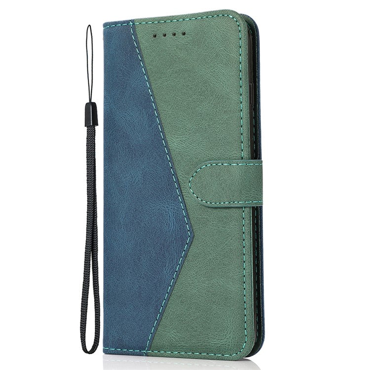 Double Color Premium PU Leather Wallet Stand Magnetic Flip Cover with Strap for Oppo A54 5G / A74 5G / A93 5G - Blue/Green