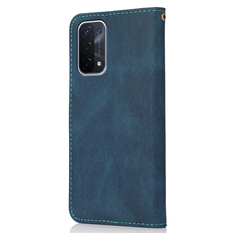 Double Color Premium PU Leather Wallet Stand Magnetic Flip Cover with Strap for Oppo A54 5G / A74 5G / A93 5G - Blue/Green