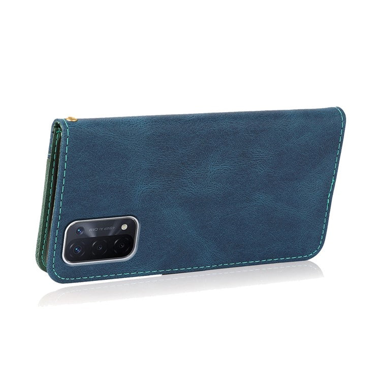 Double Color Premium PU Leather Wallet Stand Magnetic Flip Cover with Strap for Oppo A54 5G / A74 5G / A93 5G - Blue/Green