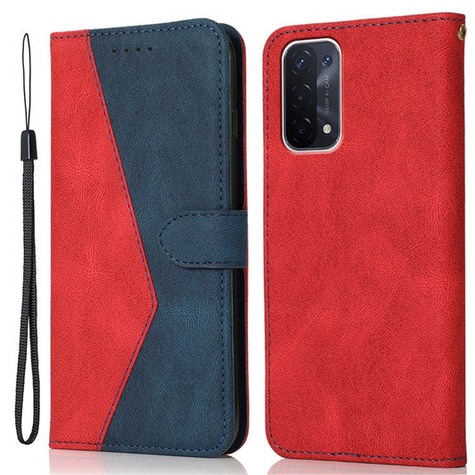 Double Color Premium PU Leather Wallet Stand Magnetic Flip Cover with Strap for Oppo A54 5G / A74 5G / A93 5G - Red/Blue