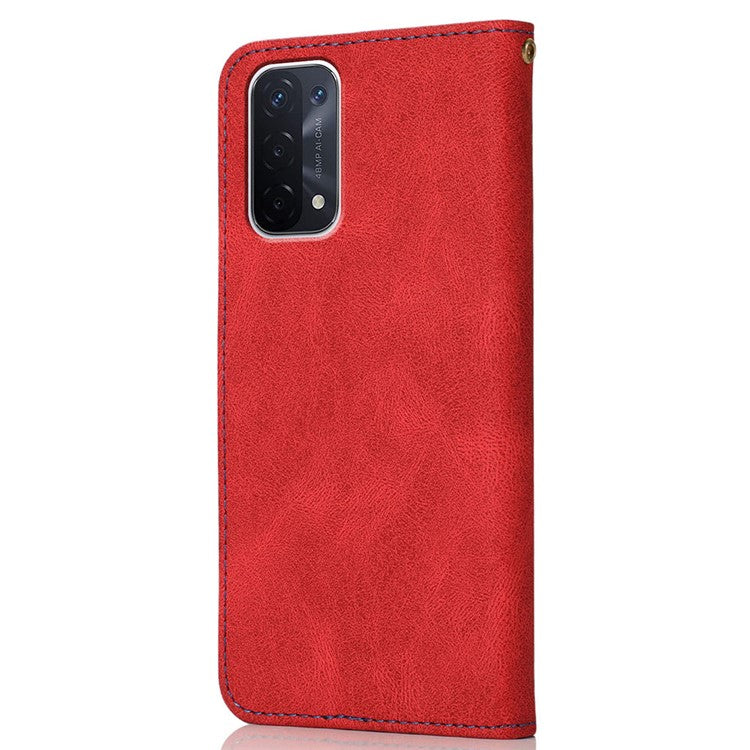 Double Color Premium PU Leather Wallet Stand Magnetic Flip Cover with Strap for Oppo A54 5G / A74 5G / A93 5G - Red/Blue