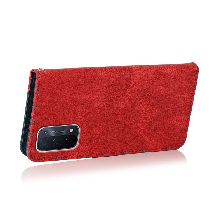 Double Color Premium PU Leather Wallet Stand Magnetic Flip Cover with Strap for Oppo A54 5G / A74 5G / A93 5G - Red/Blue