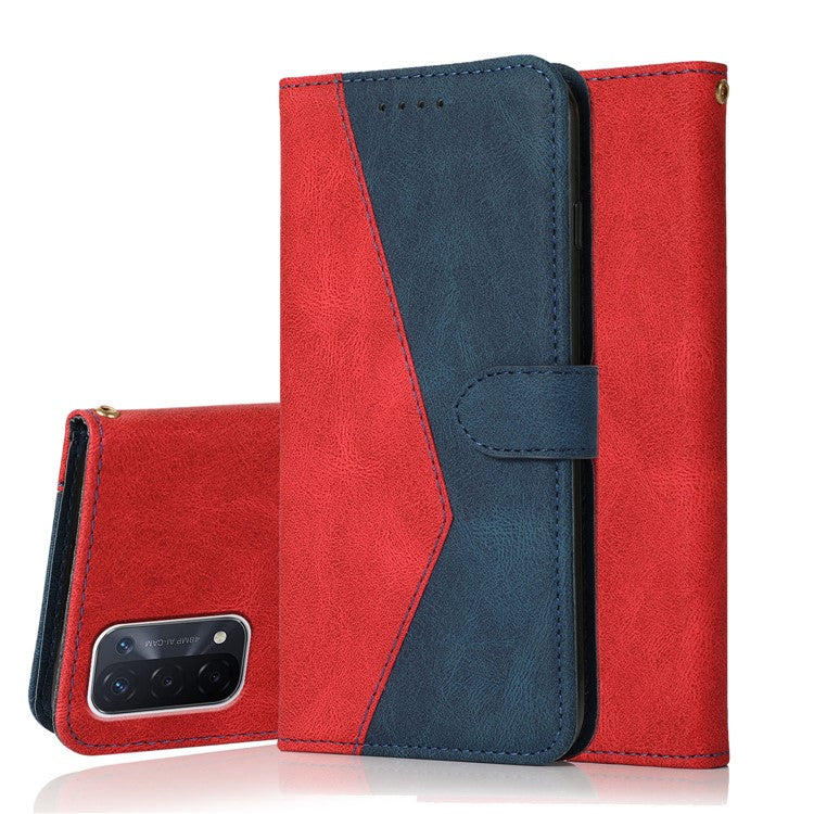 Double Color Premium PU Leather Wallet Stand Magnetic Flip Cover with Strap for Oppo A54 5G / A74 5G / A93 5G - Red/Blue