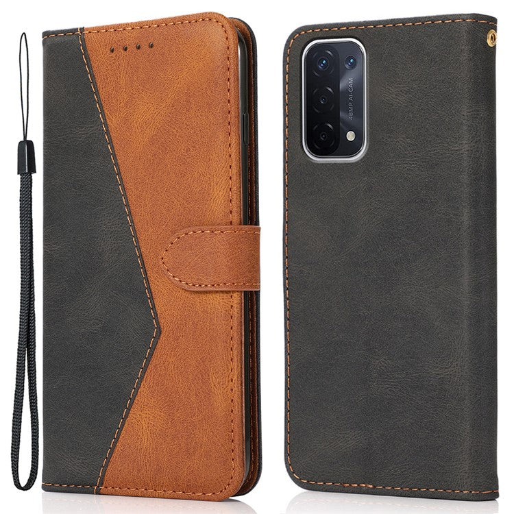 Double Color Premium PU Leather Wallet Stand Magnetic Flip Cover with Strap for Oppo A54 5G / A74 5G / A93 5G - Black/Brown