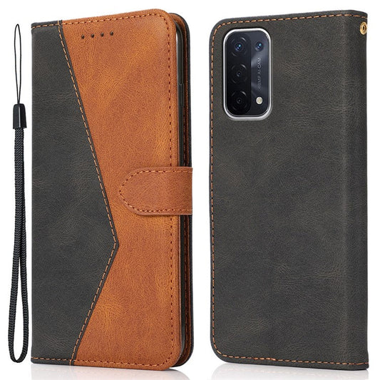 Double Color Premium PU Leather Wallet Stand Magnetic Flip Cover with Strap for Oppo A54 5G / A74 5G / A93 5G - Black/Brown