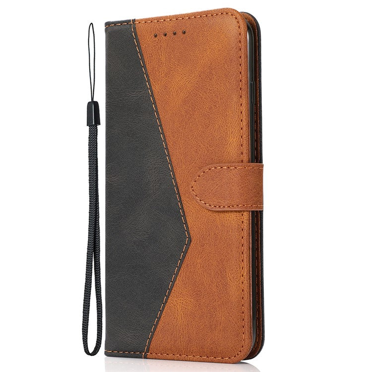 Double Color Premium PU Leather Wallet Stand Magnetic Flip Cover with Strap for Oppo A54 5G / A74 5G / A93 5G - Black/Brown
