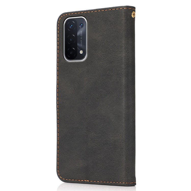 Double Color Premium PU Leather Wallet Stand Magnetic Flip Cover with Strap for Oppo A54 5G / A74 5G / A93 5G - Black/Brown
