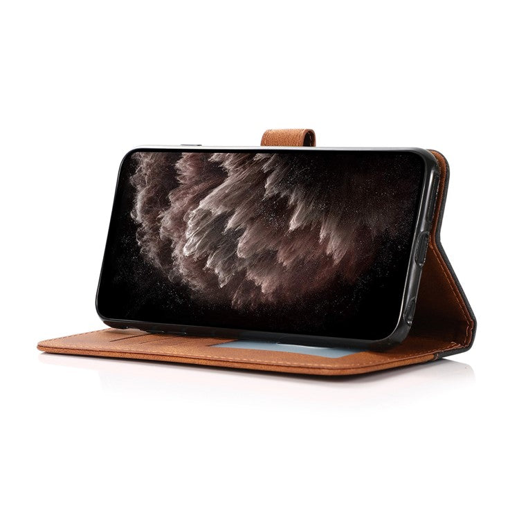 Double Color Premium PU Leather Wallet Stand Magnetic Flip Cover with Strap for Oppo A54 5G / A74 5G / A93 5G - Black/Brown