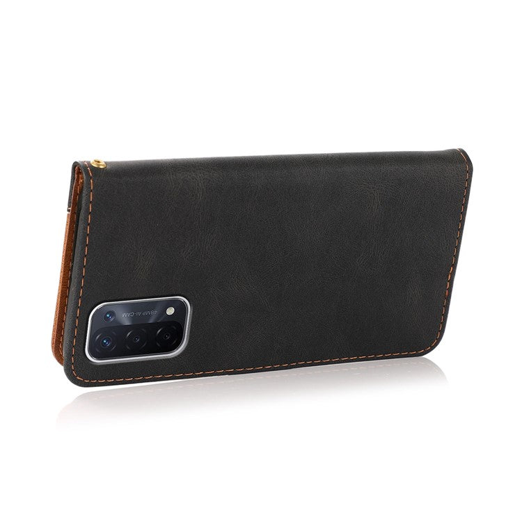Double Color Premium PU Leather Wallet Stand Magnetic Flip Cover with Strap for Oppo A54 5G / A74 5G / A93 5G - Black/Brown