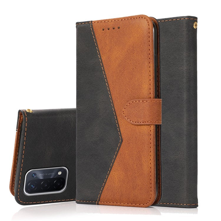 Double Color Premium PU Leather Wallet Stand Magnetic Flip Cover with Strap for Oppo A54 5G / A74 5G / A93 5G - Black/Brown